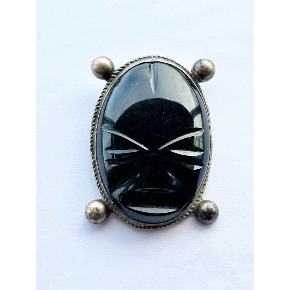 Vintage Mexico Silver Carved Black Onyx Tribal Mask Brooch